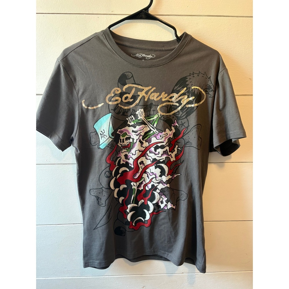 Ed Hardy Mens Graphic T-Shirt Gray Skull Tattoo Art Gold Foil Small